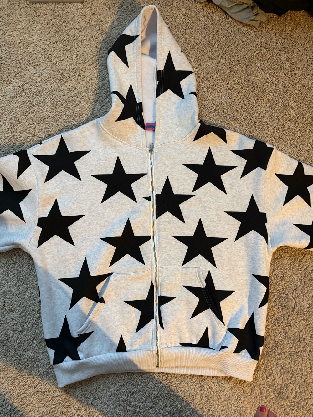 Edikted Light Gray Zip Hoodie with Black Star Print
